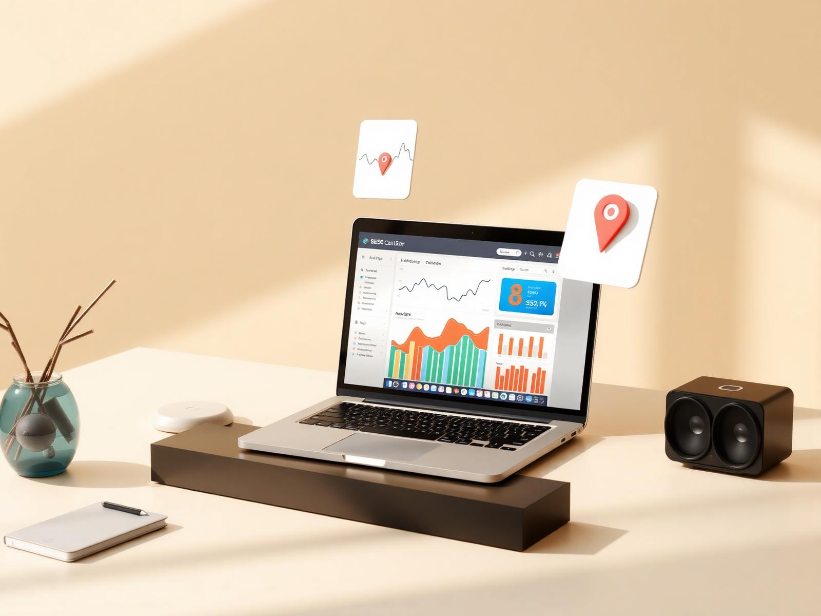 Local SEO Servcies dashboard on laptop with location analytics